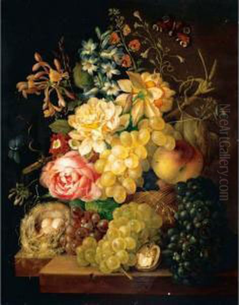 Still Life Of Roses, Honeysuckle
And Other Flowers With Peaches And Grapes In A Basket, Togther With
Grapes, Half A Walnut And A Birds Nest Upon A Ledge - view 1