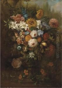 Roses, Carnations, Morning Glory And Other Flowers In An Urn On A Ledge by Johann Baptist Drechsler