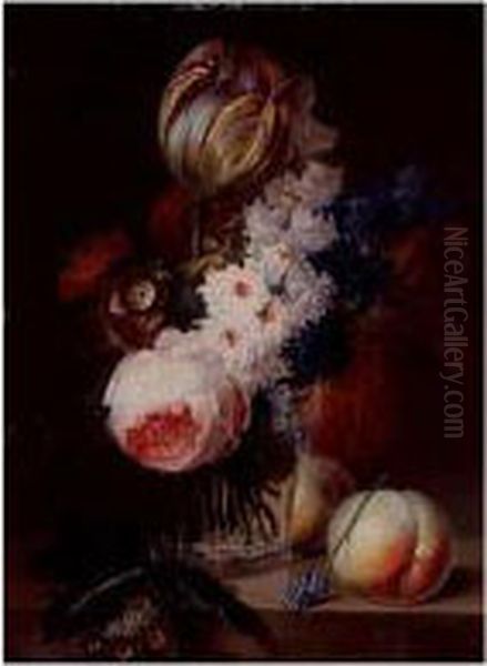 Still Life Of Flowers In A Glass Vase Resting On A Ledge With Peaches - view 1