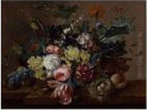 A Still Life Of Flowers In A Basket And A Bird Nest All Resting On A Ledge