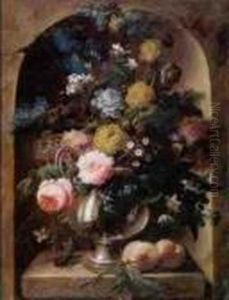 Still Life Of Roses, An Iris,
Lilacs, Narcissi, Primroses And Other Flowers In A Glass Vase Resting On
A Stone Ledge With Peaches And A Beetle, Within A Niche by Johann Baptist Drechsler