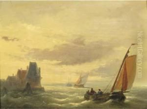 Sailing Vessels By A Coast by Christiaan Dreibholtz