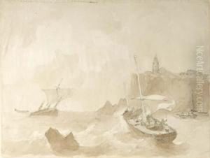 Shipping In A Heavy Wind By A Lighthouse On A Rocky Coast by Christiaan Dreibholtz