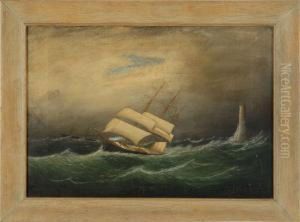 Three-masted Ship In Rough Seas Off Eddystone Light, With Steamship In Background. by Clement Drew