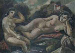 Deux Baigneuses Nues Au Bord D'un Torrent by Leon Ernest Drivier