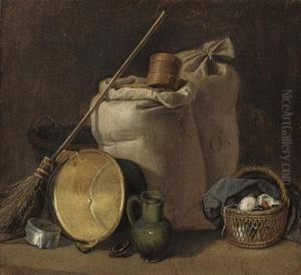 Sacks Of Grain, A Broom, An Up-turned Pot, A Jug And A Basket Ofyarn - view 1