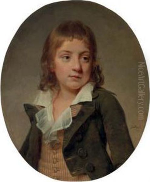 Portrait Of A Young Boy, Bust Length, In A Striped Vest And Grey Jacket - view 1