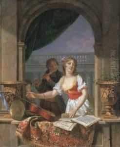 A Young Lady Reaching For A Guitar At A Stone Casement And A Boyplaying The Flute Beyond