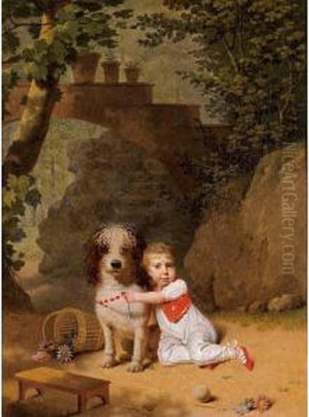 Portrait Of A Little Boy Placing
A Coral Necklace On A Dog, Both Seated In A Parkland Setting - view 1