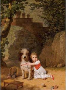 Portrait Of A Little Boy Placing
A Coral Necklace On A Dog, Both Seated In A Parkland Setting by Martin Drolling
