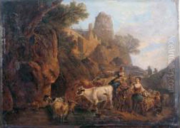 Bergeres Et Troupeau Passant La Riviere - view 1