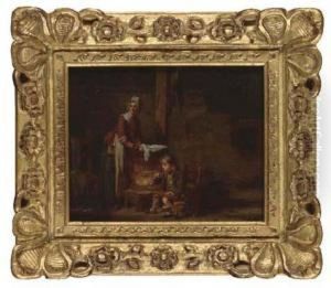 A Washerwoman In An Interior With A Child Blowing A Bubble by Martin Drolling