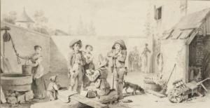 Vue De La Cour Interieure D'une
Maison Avec Des Personnages Discutant, Une Femme Puisant De L'eau Et Un
Enfant Jouant by Michel-Martin Drolling