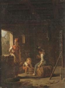 A Peasant Couple With A Child In A Barn