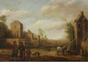 A Village Scene With Travellers On A Path, Peasants Sitting At A Table To The Right
