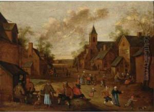 A Village Street With Peasants 
Conversing And Drinking Near An Inn, A Church To The Right