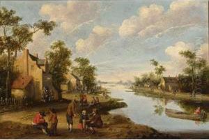 A River Landscape With Figures Resting Near An Inn, A Fisherman In A Boat To The Right