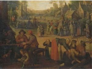 A Village Scene With Numerous Peasants And A Travelling Merchant Beyond