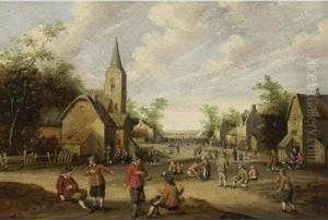 A Village Scene With Figures Conversing