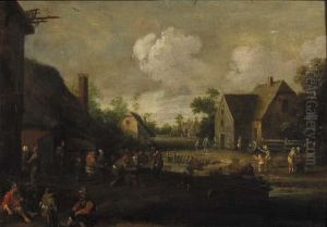A Village Street With Boors At Table Outside A Tavern, Beggars In The Foreground