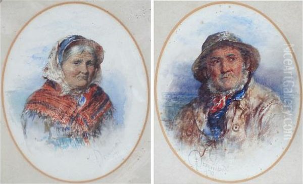 Portrait Of A Fisherman, And 
Another Of An Old Lady Wearing A Headscarf And Shawl, A Pair - view 1
