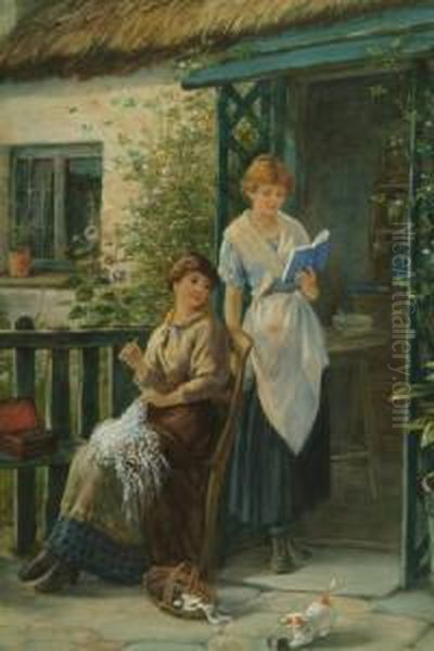 Two Young Women In A Cottage
Doorway, One Sewing Another Reading, A Kitten Playing Nearby, Signed And
Dated '85 - view 1
