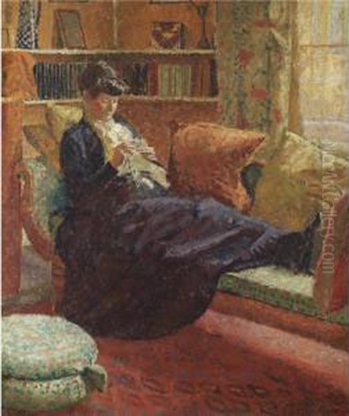 Woman Sewing On A Couch - view 1