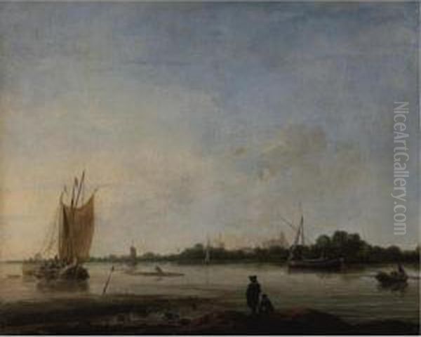 View Of A River With Boats And Figures And A Town In The Distance - view 1
