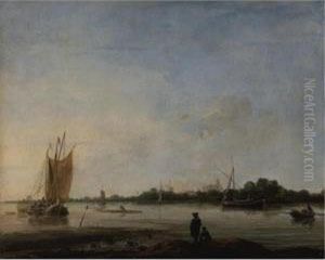 View Of A River With Boats And Figures And A Town In The Distance by Hendrick Dubbels