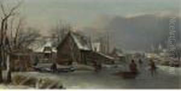 A Winter Landscape With Figures On A Frozen Inlet - view 1