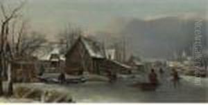 A Winter Landscape With Figures On A Frozen Inlet