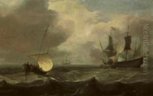 Sailing Vessels In A Stiff Breeze With A Man O'war Firing A Salute