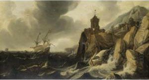 A Stormy Coastal Seascape With Ships On The Rocks Before A Town by Hendrick Dubbels