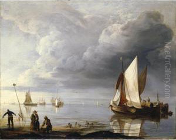 Small Dutch Vessels In A Calm, Men Collecting Mussels On The Shore by Hendrick Dubbels