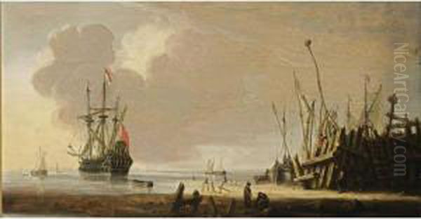 A Man-of-war In Calm Waters
Together With Other Vessels, Other Sailing Boats Moored At A Quay In The
Foreground - view 1