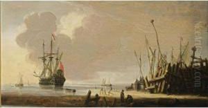 A Man-of-war In Calm Waters
Together With Other Vessels, Other Sailing Boats Moored At A Quay In The
Foreground by Hendrick Dubbels
