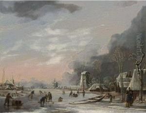 A Winter Landscape With Figures 
Skating, Playing Kolf And Pushings Sleighs On The Ice, Windmills, A 
Church And Houses Beyond At Sunset