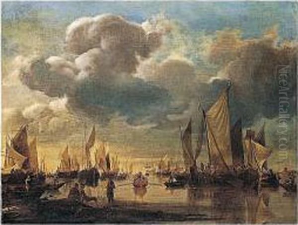 Dutch Shipping Offshore In A
Calm, With A Dignitary Being Conveyed In A Rowing Boat To A States Yacht - view 1