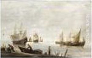 Fishermen Fishing And Unloading Their Catch In The Foreground by Hendrick Dubbels