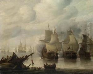 A Naval Battle Between English 
And Dutch Fleets In A Calm, Sailorsabandoning A Wreck In The Foreground