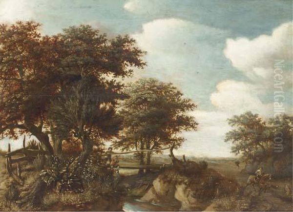 Peasants Fishing Off A Bridge In A Wooded Landscape - view 1