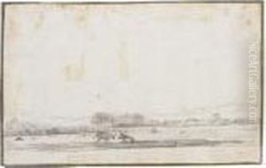 Cows Grazing In A Field, With Mountains In The Distance by Guillam de Vos