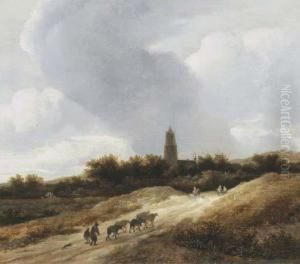 A Dune Landscape With Travellers, Shepherds And Cattle On A Path, Achurch Tower Beyond