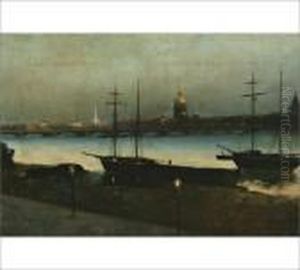 St Petersburg By Night, The Admiralty And St Isaac's Cathedral From The Neva River by Nikolai Nikanorovich Dubovsky
