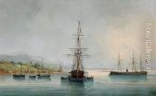 Bateaux L'ancre Au Large D'une Cte
Huile Sur Toile, Signee En Bas A Droite, Datee 1872. - view 1