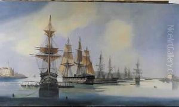Cheri Flotte Francaise Dans Un
Avant Port. Grands Vaisseaux Amarres, Chaloupe De Service,
Fortifications - view 1