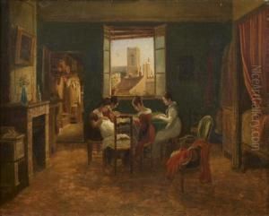 Femmes Cousant Avec Une Fenetre Ouverte Sur Saint Sulpice by Claude-Marie Dubufe