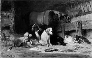 Cheval Et Chiens A L'ecurie by Alexandre Dubuisson