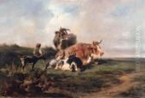 A Young Drover With Cattle And Goats In An Extensivelandscape by Alexandre Dubuisson