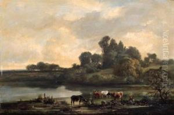 A Drover Watering Cattle In A Wooded Landscape - view 1
